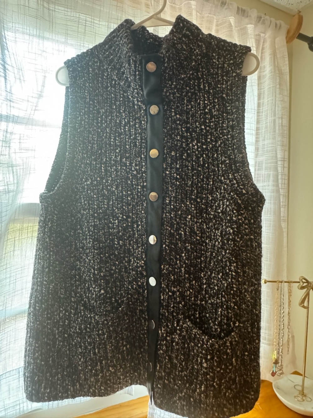 Chunky Knit Button Front Vest - Black and White